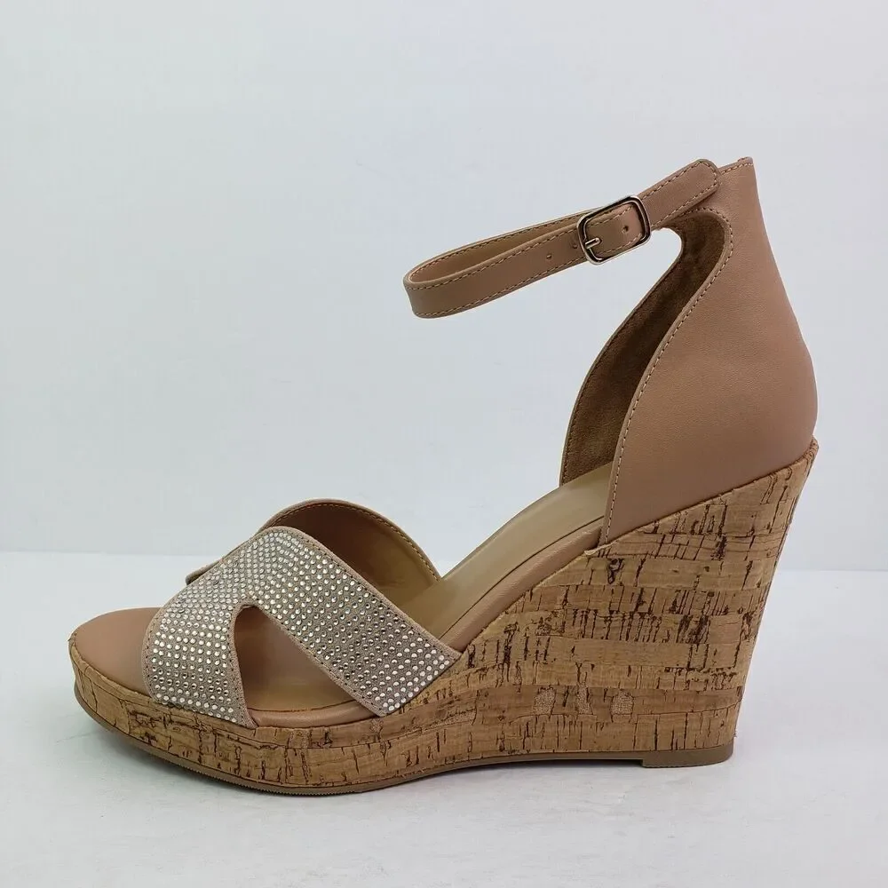 Material Girl Bretta Womens Size 9.5 Nude Bling Open Toe Cork Wedge Sandal Shoes
